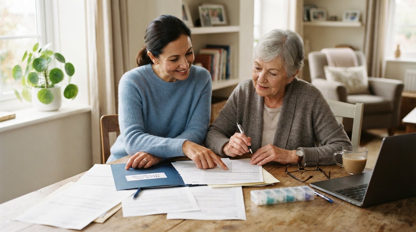 Middle-aged caregiver beside an elderly parent at a dining table, reviewing Medicare documents with a laptop, pill…