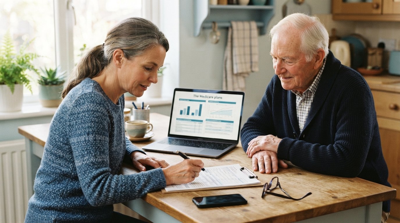 Middle-aged daughter and elderly father review Medicare plan comparison on a laptop at a sunlit kitchen table