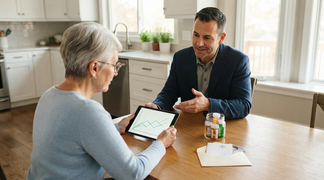 Senior woman holding a tablet with a Medicare chart while an insurance agent points to it across a kitchen table