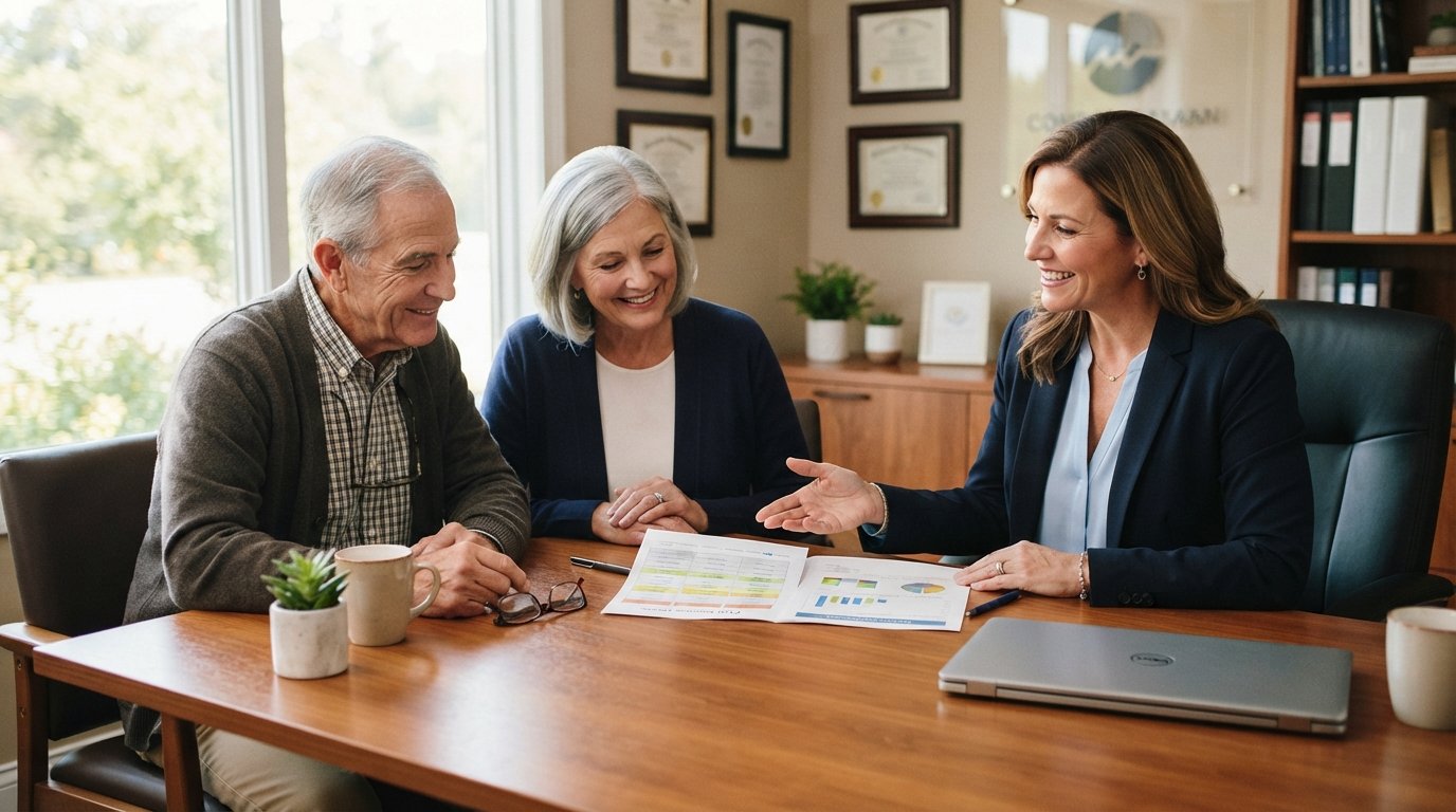 Insurance agent in navy blazer at a wooden desk reviewing a printed plan comparison with a smiling senior couple, laptop…