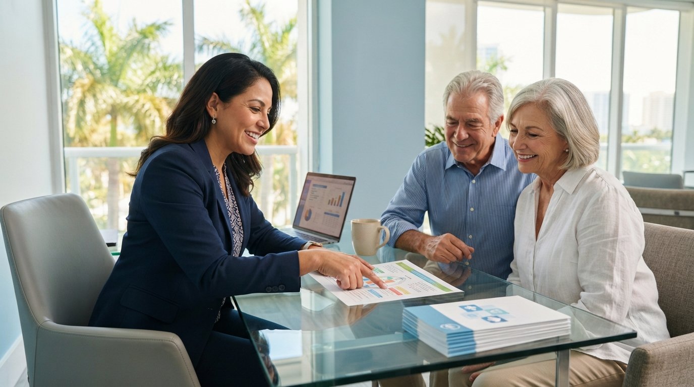 Hispanic female insurance agent in navy blazer explains Medicare plan chart to smiling senior couple at a bright Miami…