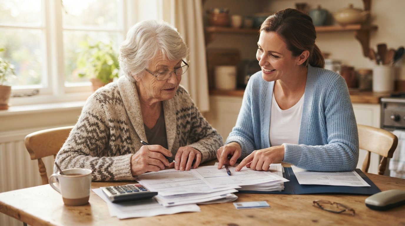 Senior woman with reading glasses reviews Medicare papers at a kitchen table as a younger caregiver in a blue cardigan…