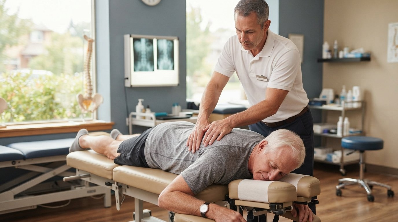 Chiropractor in white polo shirt adjusting the upper back of a senior man lying face-down on a treatment table in a bright…