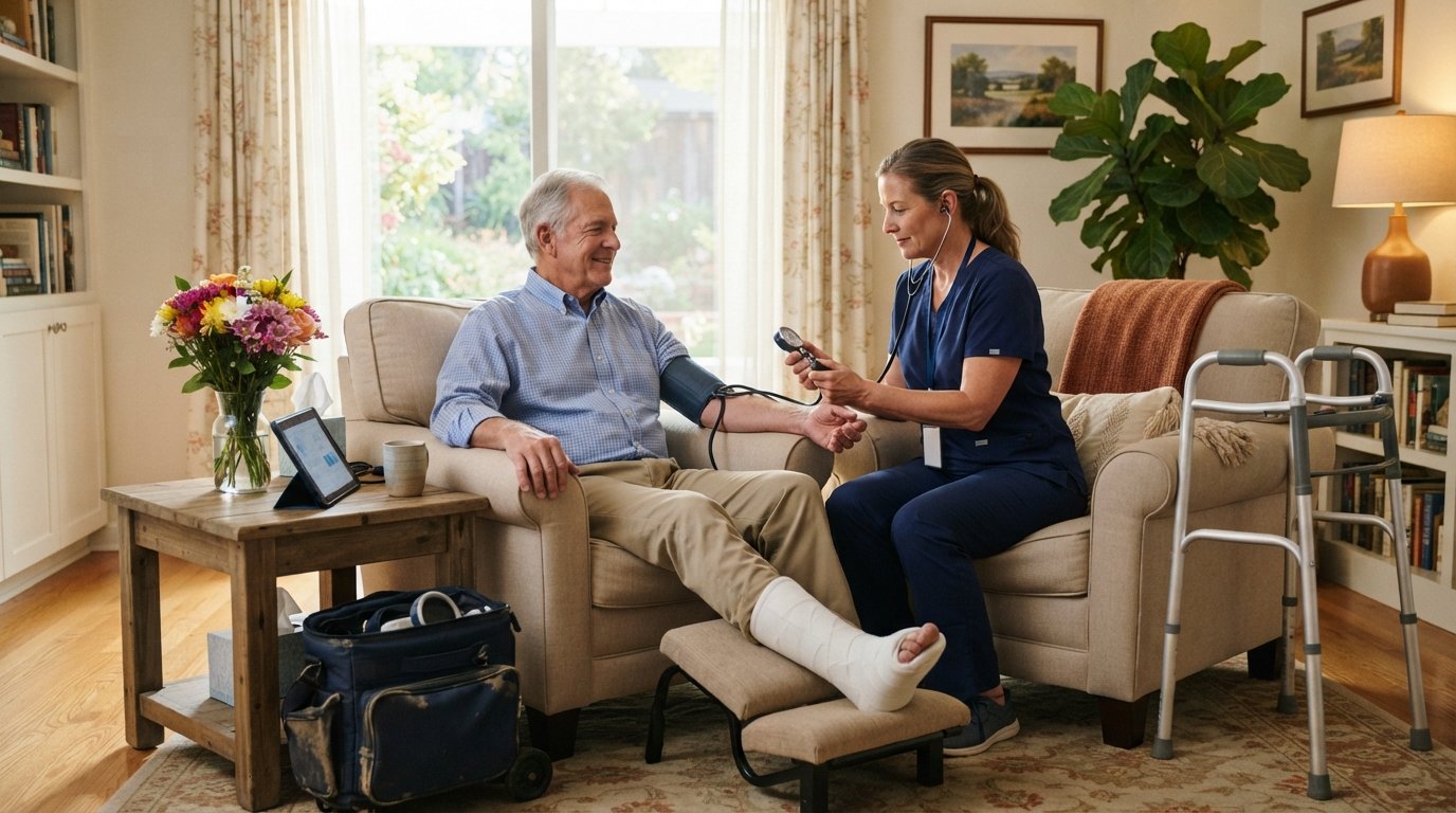 Home health nurse in navy scrubs checks the blood pressure of a gray-haired senior man seated in a beige armchair with a…