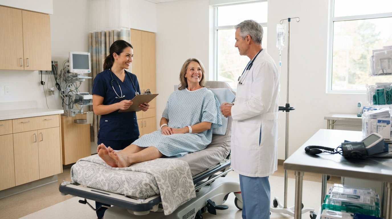 Patient in a blue gown on a gurney with a nurse holding a clipboard and a physician in a white coat beside her in a bright…