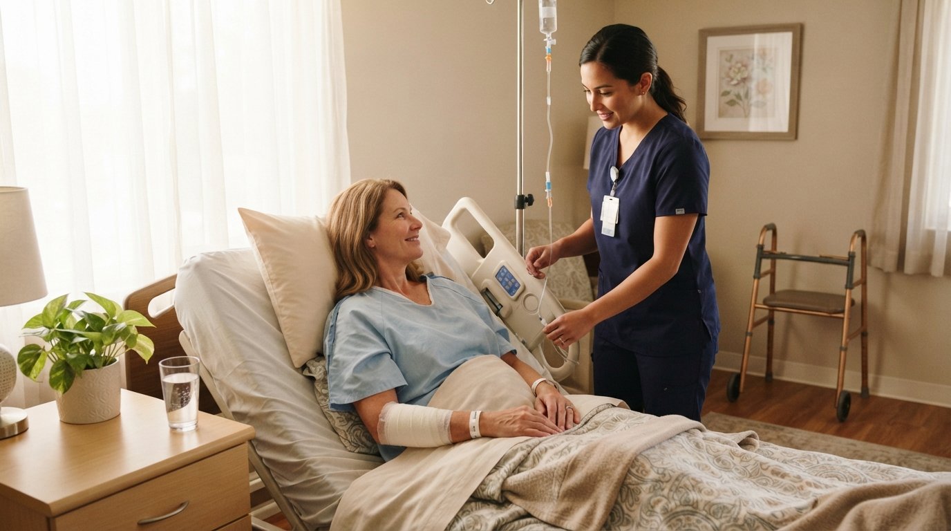 Nurse in navy scrubs checking a patient's IV line in a sunlit skilled nursing room with a walker and bedside table nearby