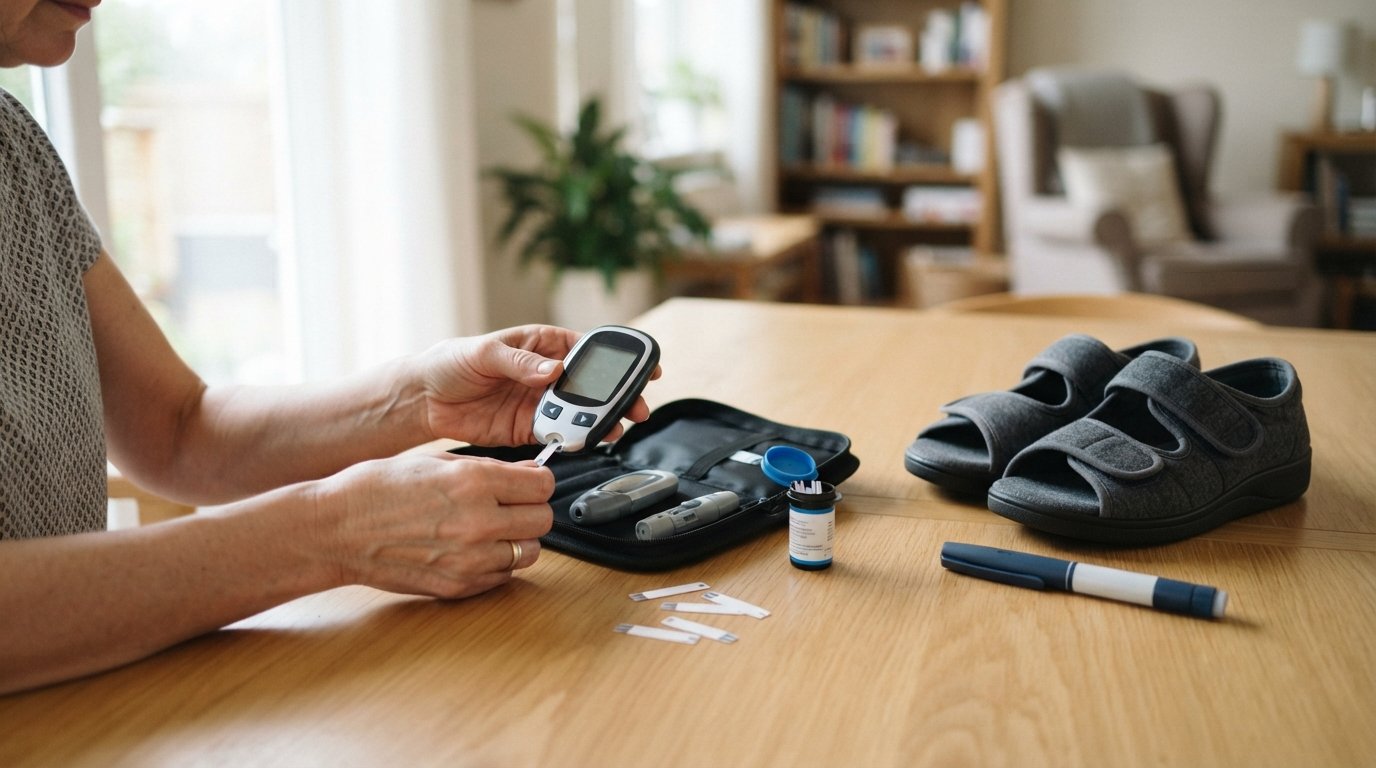 Blood glucose meter, test strips, lancet device, insulin pen, and diabetic shoes arranged on a wooden table