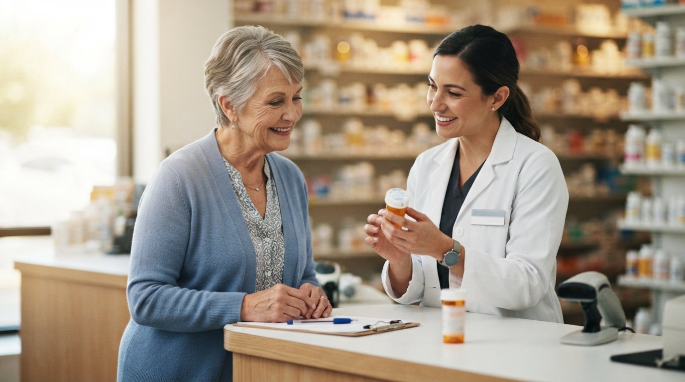 Senior woman in a blue cardigan reviewing a pill bottle with a smiling pharmacist at a pharmacy counter.