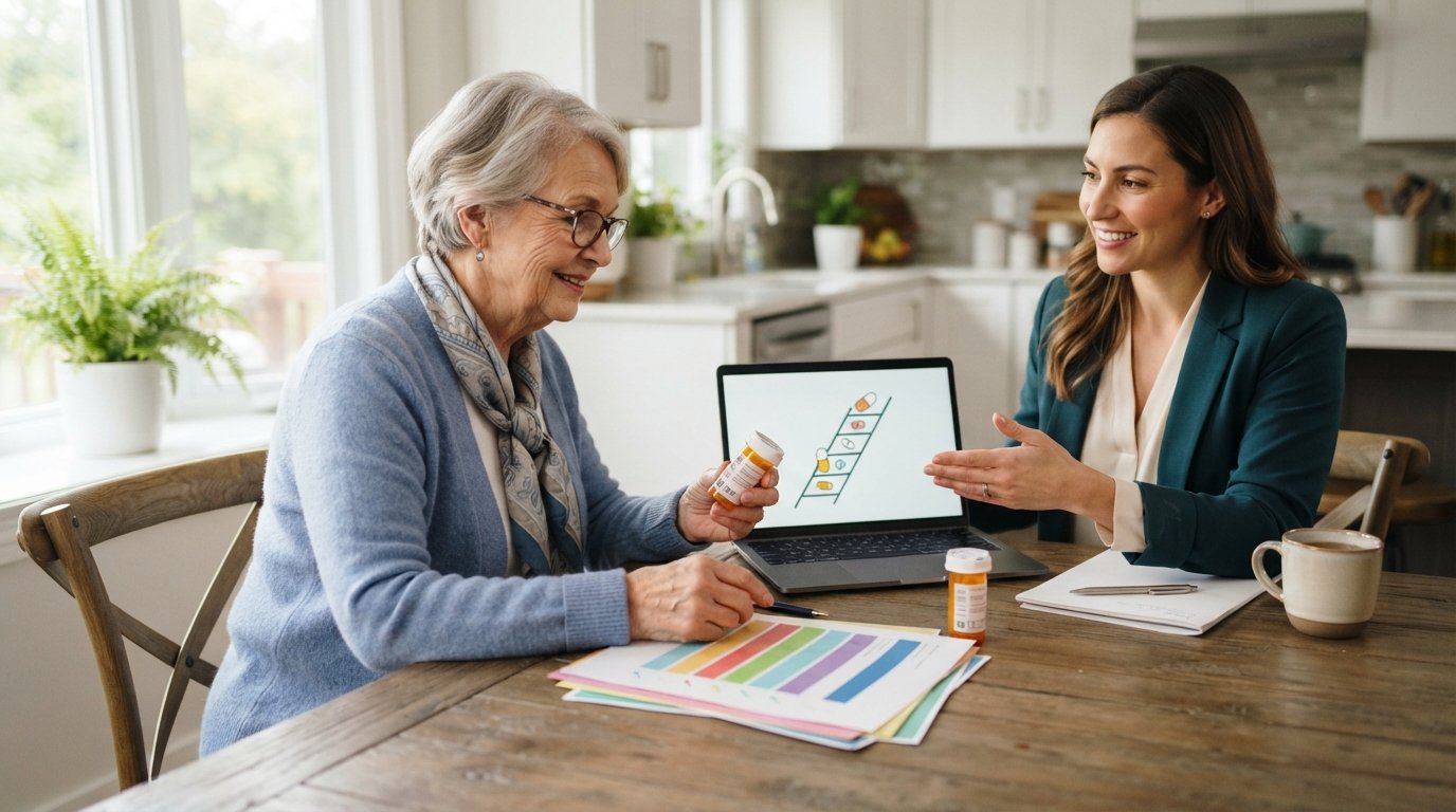 Senior woman with reading glasses compares two prescription bottles while an agent points to a laptop showing a tier chart.