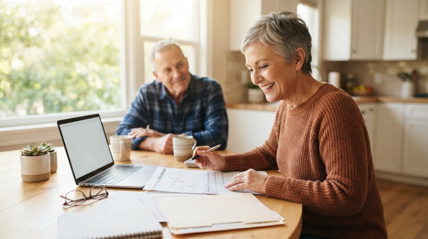 Woman in her mid-60s with short gray hair reviews paperwork and a laptop at a kitchen table while her spouse looks on