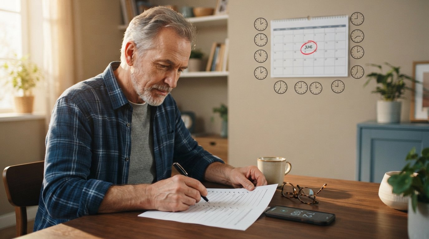 Older man at a kitchen table reviewing a Medicare enrollment checklist, with a wall calendar showing a circled June 15 date…