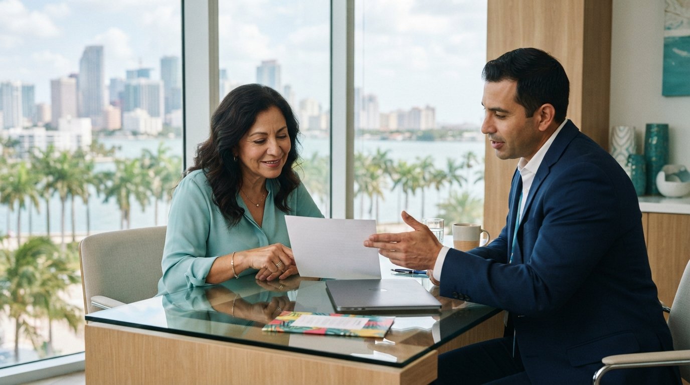 Licensed insurance agent in navy suit reviews Medicare plan documents with a middle-aged Latina woman at a bright Miami…