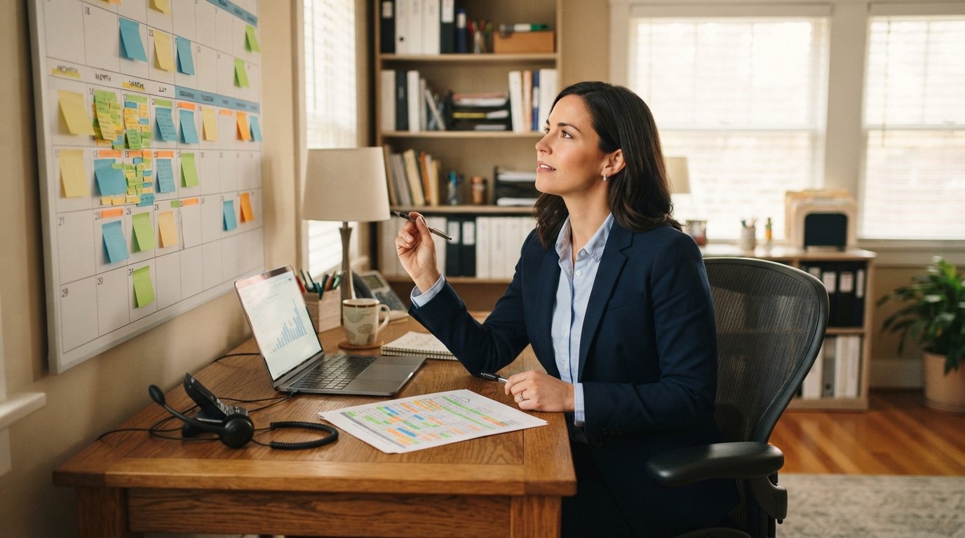 Insurance agent in navy blazer reviewing a wall calendar with colored sticky notes at a wooden desk with laptop and headset