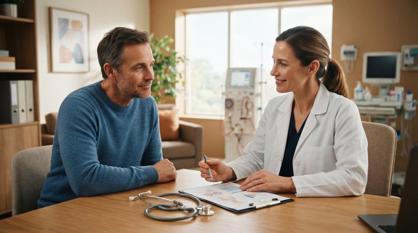 Patient in blue sweater speaking with a doctor at a wooden desk, stethoscope and clipboard nearby, dialysis machine visible…