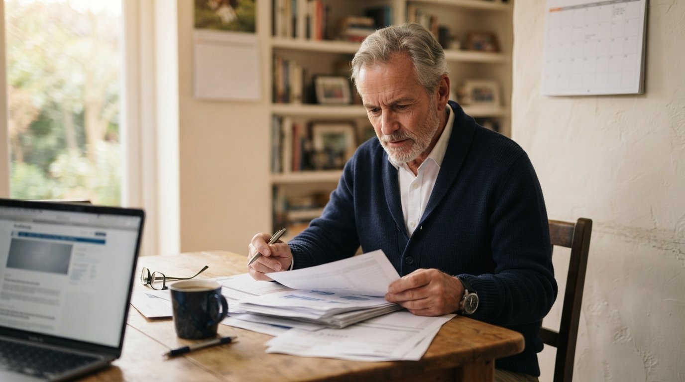 Senior man in a navy cardigan reviewing documents at a wooden kitchen table with a calendar, pen, coffee mug, and laptop in…
