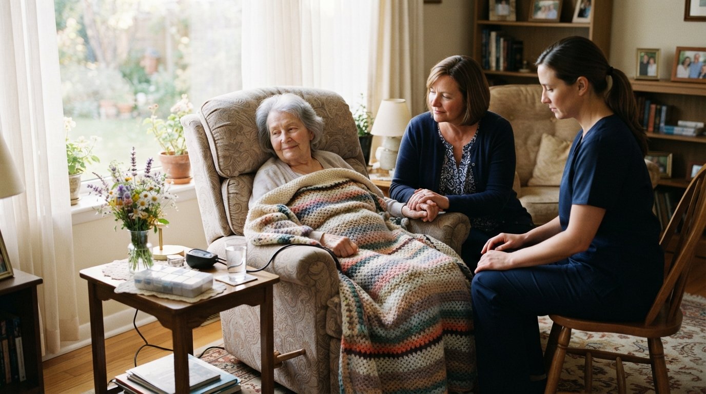 Elderly woman resting in a recliner by a sunny window, her hand held by a family member while a hospice nurse checks a…