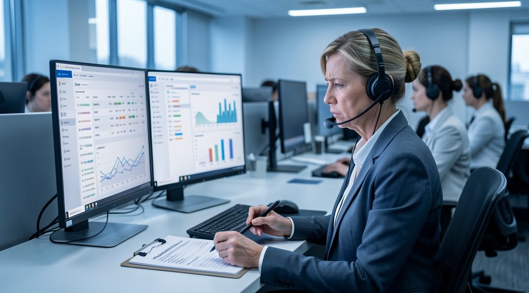 Female call center agent in headset reviewing a compliance checklist on a clipboard while looking at analytics dashboards…