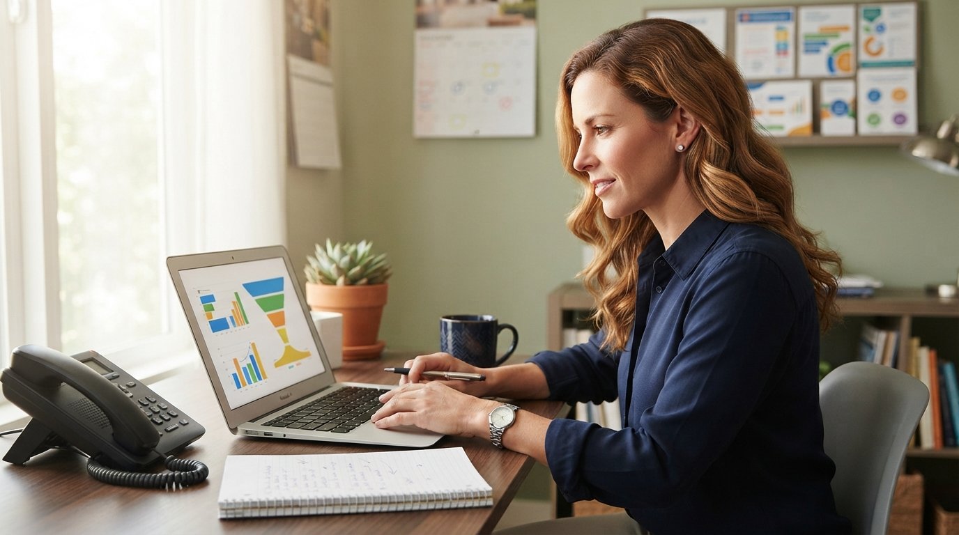 Insurance agent in navy shirt at a home office desk reviewing colorful lead pipeline charts on a laptop beside a landline…