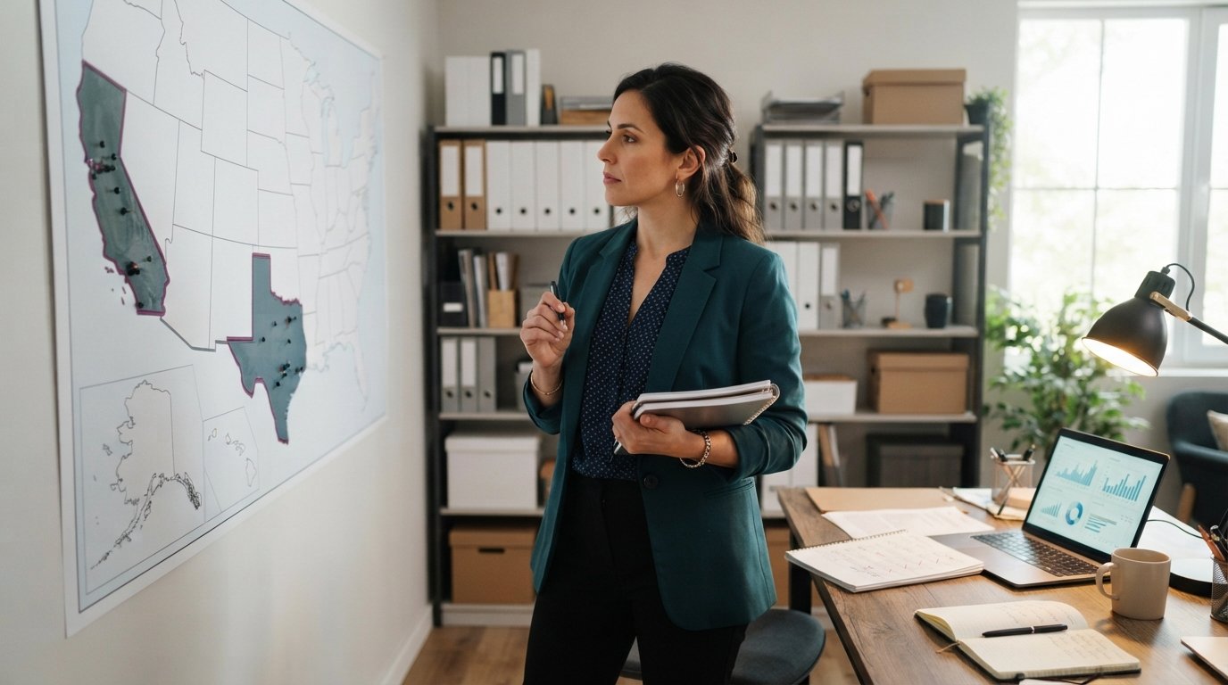 Insurance agent in business casual attire studies a wall map with Texas and California highlighted, beside compliance…