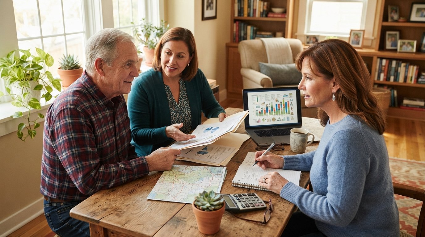 Woman in blue sweater reviews a Medicare and Medicaid eligibility chart on a laptop while a senior man and caregiver…