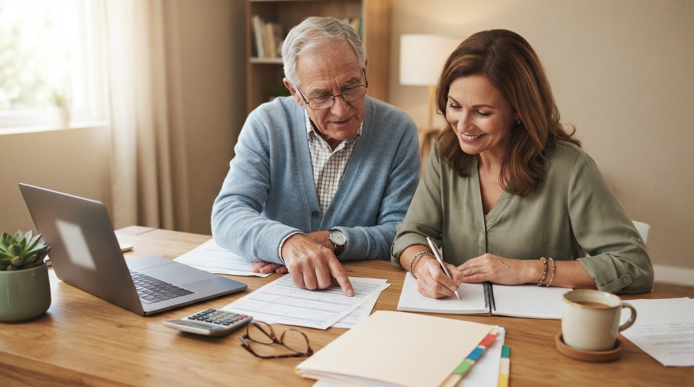 Middle-aged woman in a green blouse takes notes while her elderly father in a blue cardigan points to insurance paperwork…