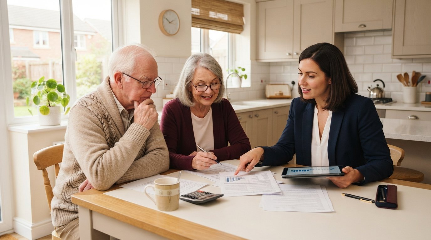Insurance agent points to a document as a senior couple reviews paperwork at a kitchen table with a tablet and calculator…
