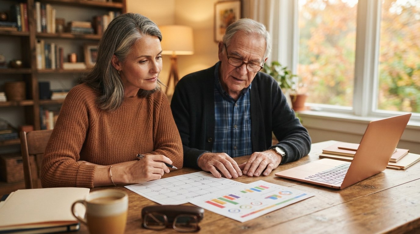 Middle-aged woman and elderly father review a paper calendar and plan comparison charts at a wooden desk in a sunlit home…