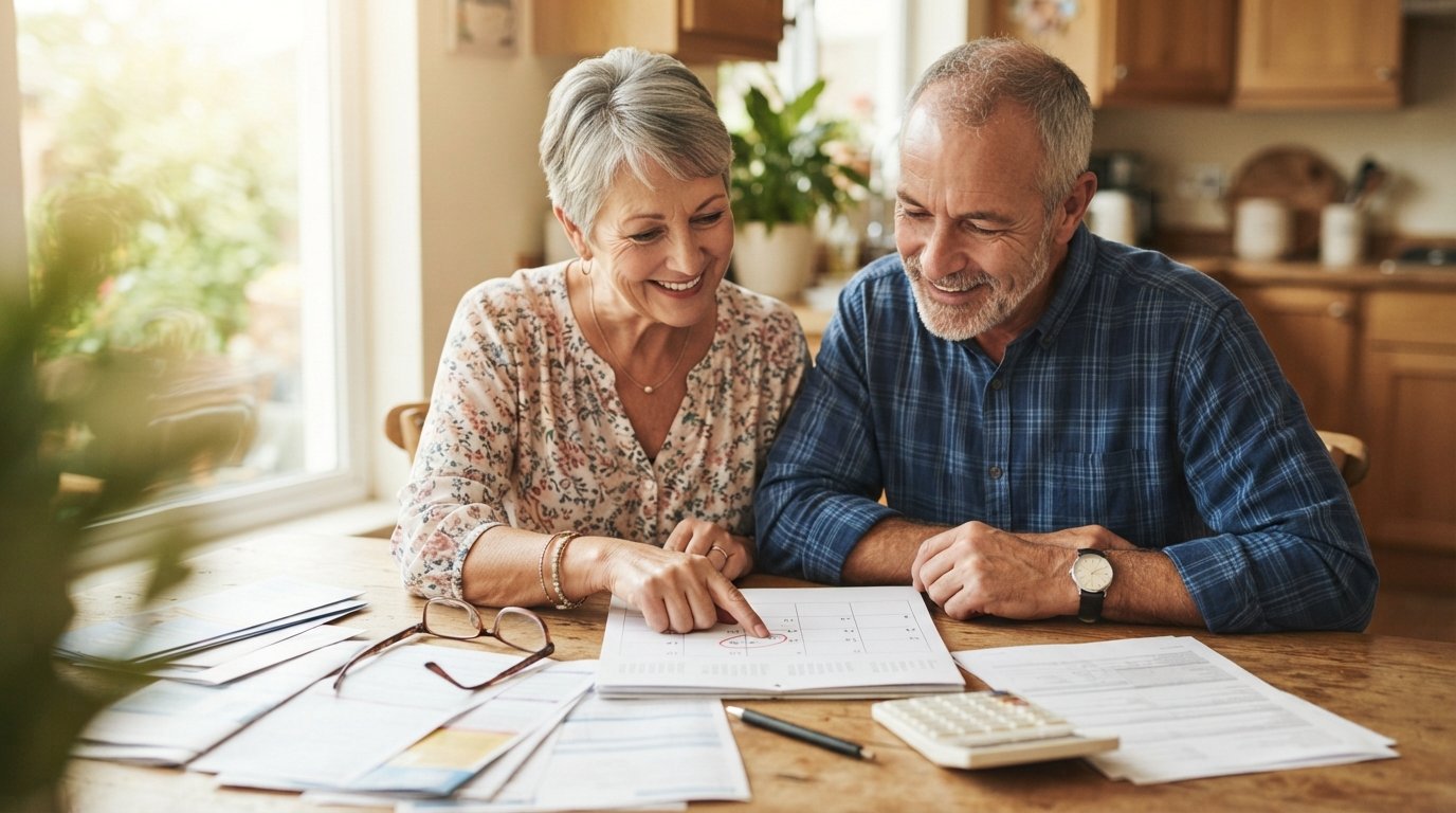 Older couple at a sunlit kitchen table with Medicare paperwork, a calendar, reading glasses, and a calculator, the woman…