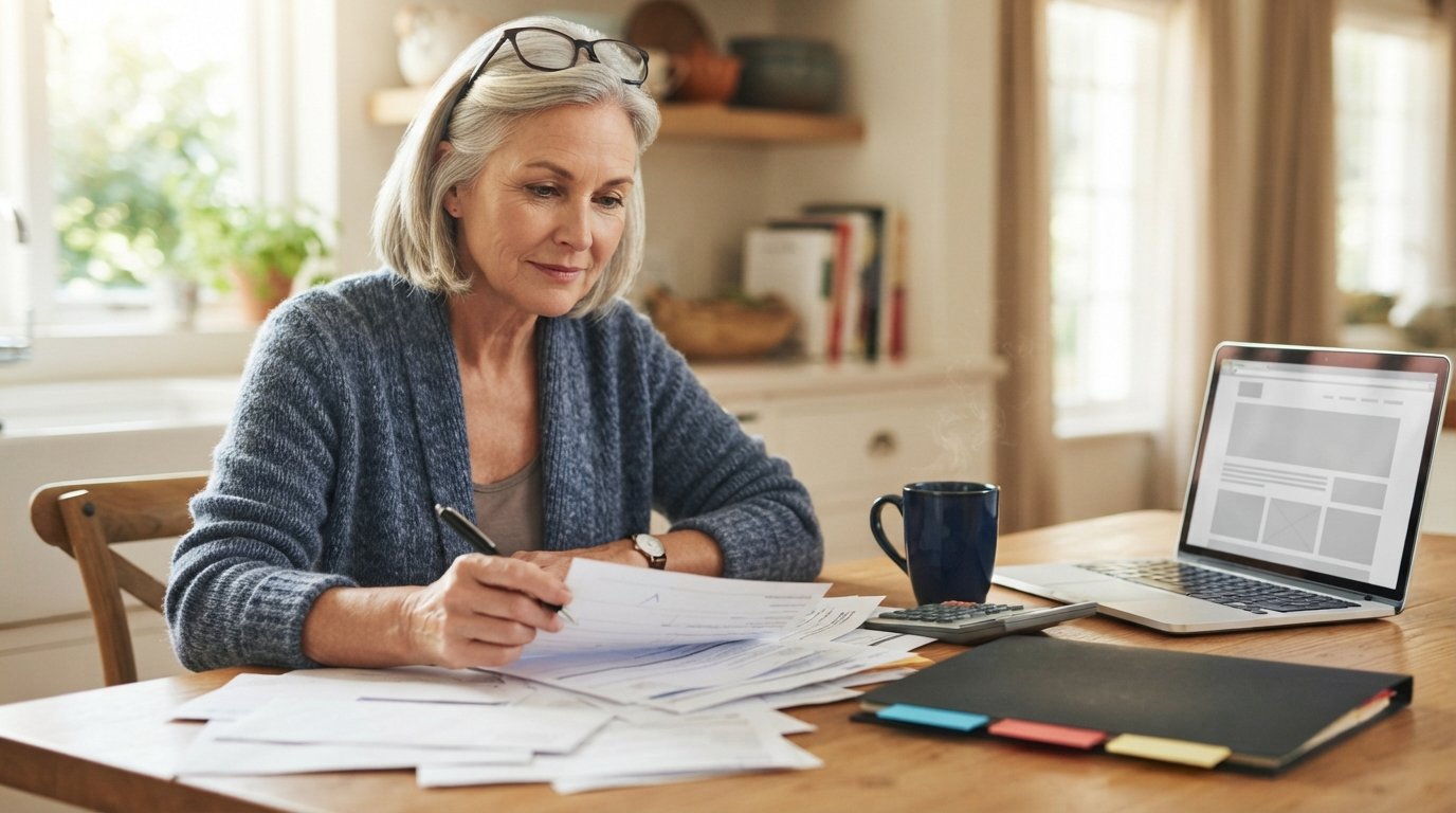 Silver-haired woman at a sunlit kitchen table reviews Medicare paperwork, holding a pen over a blank form, with a…