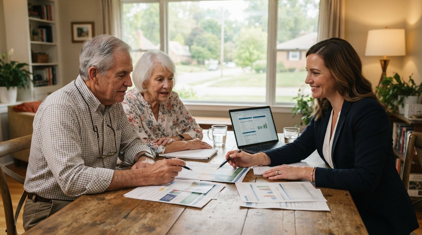Senior couple at a dining table reviewing paperwork with an insurance agent, laptop and brochures nearby, suburban window…
