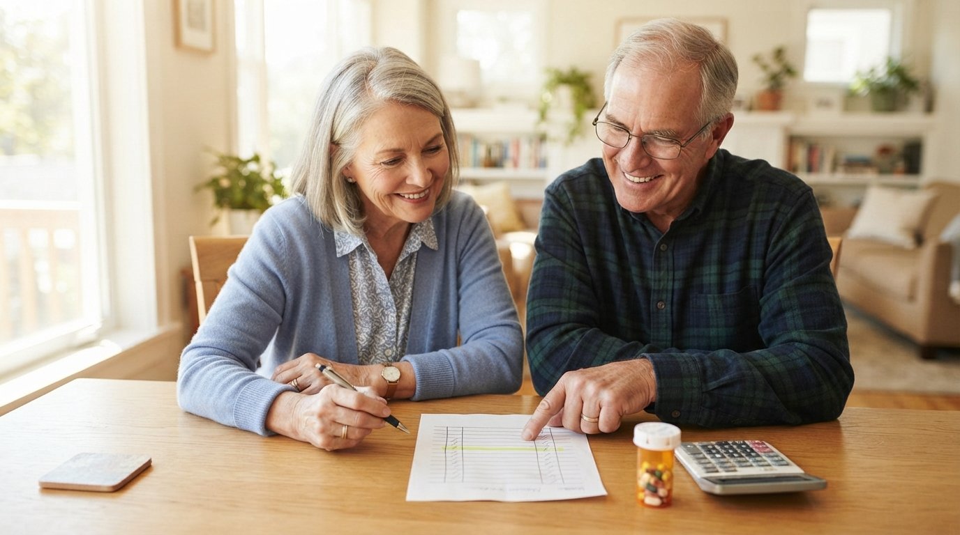 Smiling senior couple at a kitchen table reviewing a Medicare Part D drug cost comparison chart with a prescription bottle…