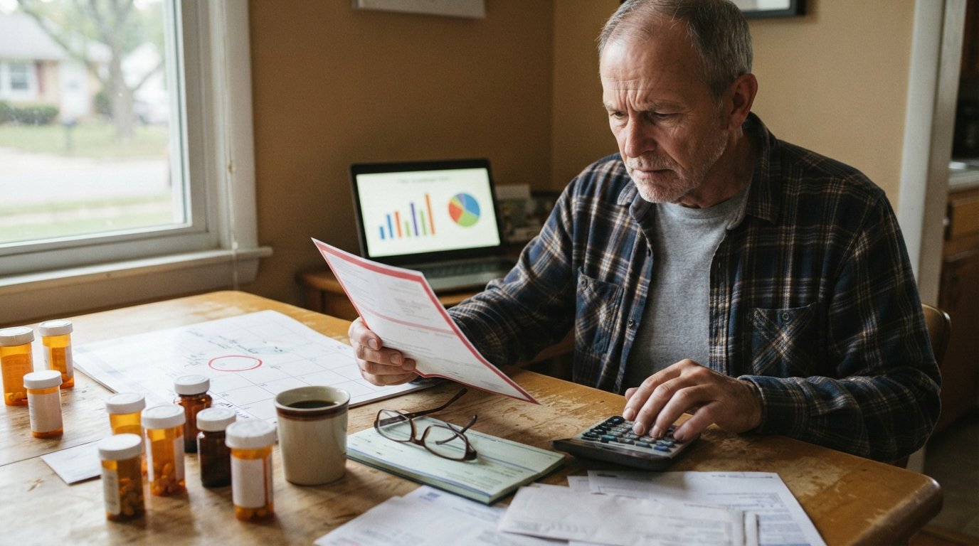 Elderly man at kitchen table holding an invoice and calculator, with pill bottles and a calendar showing a circled date…
