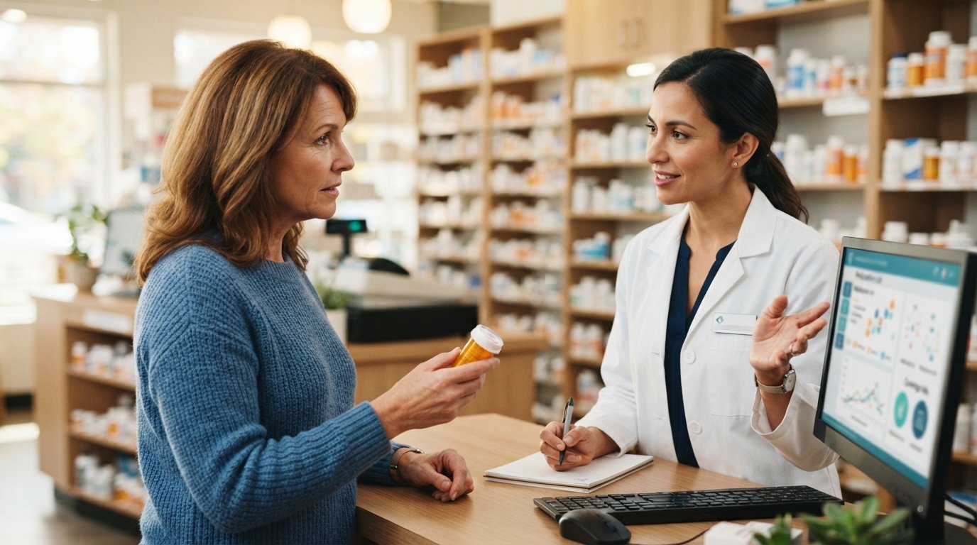 Woman in a blue sweater holding a prescription bottle speaks with a pharmacist at a pharmacy counter beside a computer…