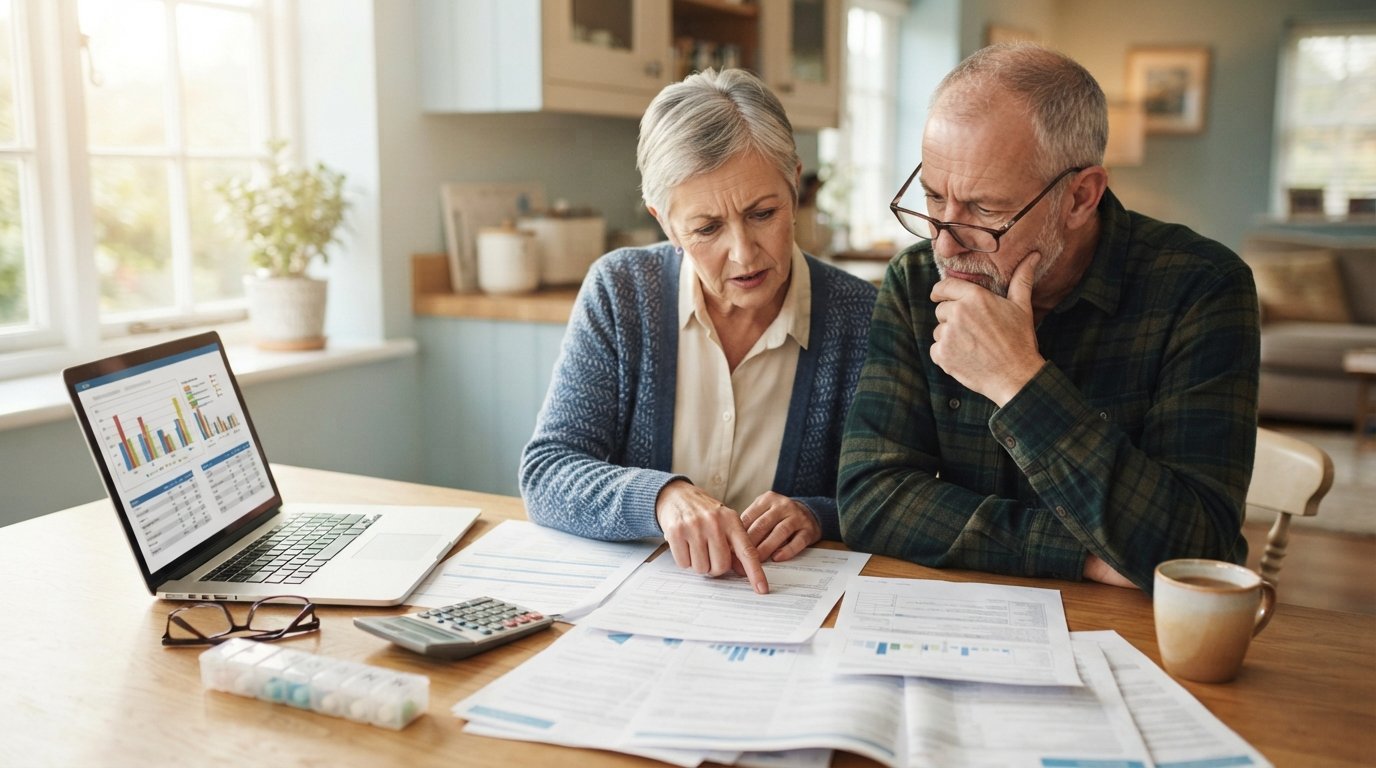 Senior couple at a sunlit kitchen table with Medicare paperwork, a calculator, reading glasses, a pill organizer, and a…
