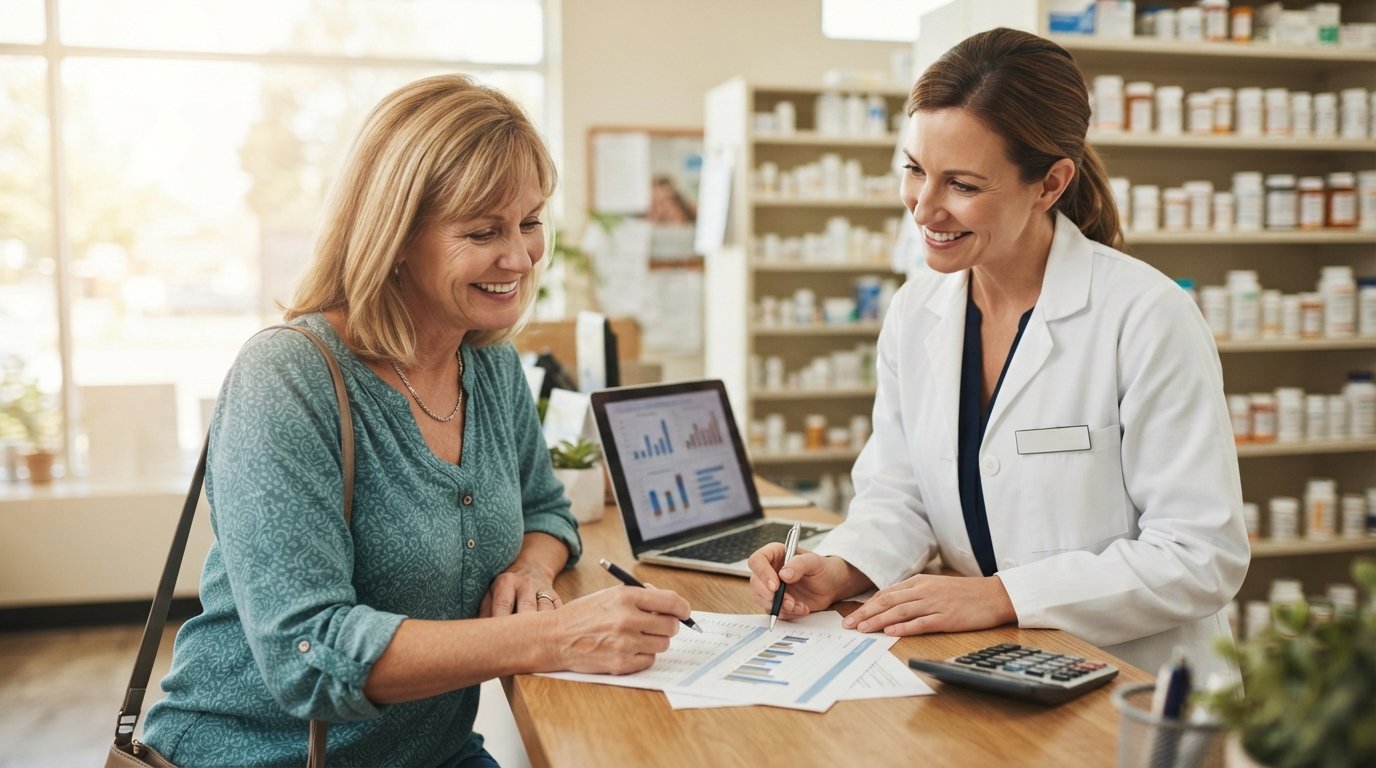 Middle-aged woman in a teal blouse reviews Medicare Part D paperwork with a smiling pharmacist at a pharmacy counter,…