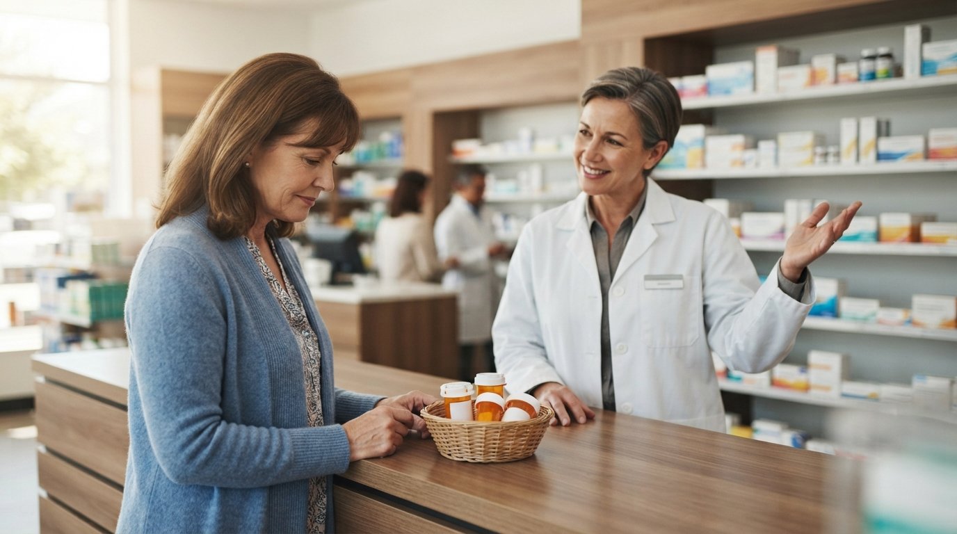 Middle-aged woman in a blue cardigan reviewing prescription bottles at a pharmacy counter while a pharmacist gestures…
