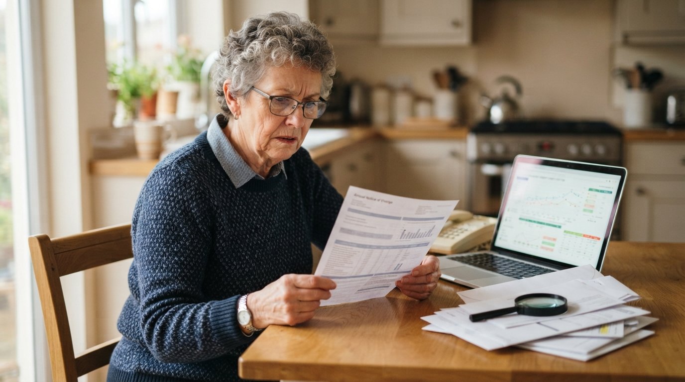 Older woman with reading glasses holding an Annual Notice of Change document at a kitchen table, with a laptop and phone…