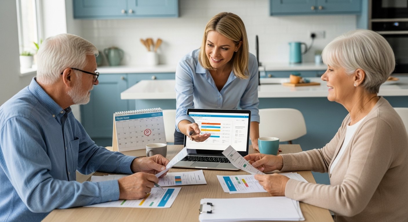 Senior couple at a kitchen table reviewing Medicare plan renewal paperwork with an agent, a laptop and calendar nearby