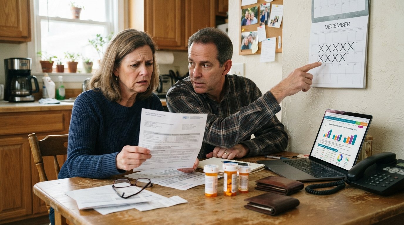 Middle-aged woman holding an insurance letter at a kitchen table while a man points to a calendar with December dates…