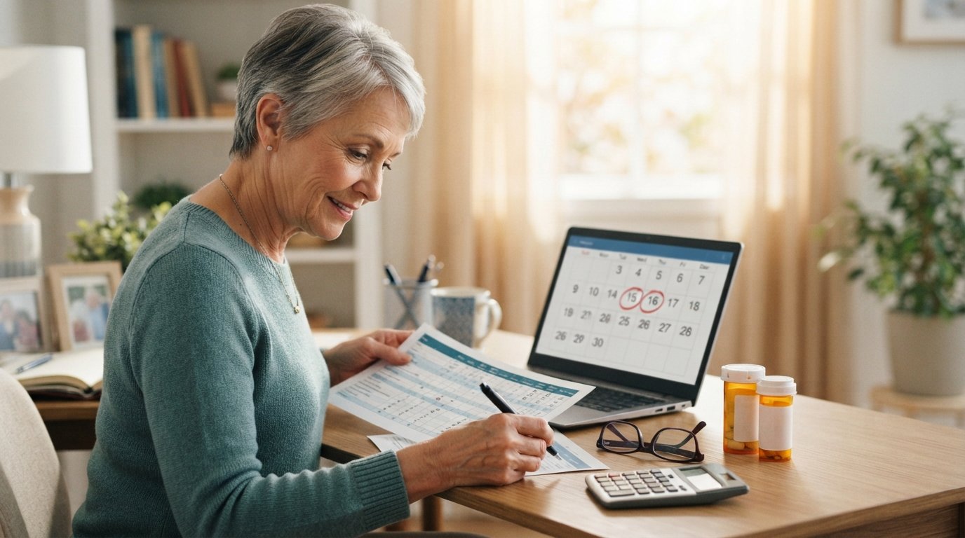 Senior woman at a desk reviewing a Medicare plan comparison chart with a calendar on a laptop showing the open enrollment…