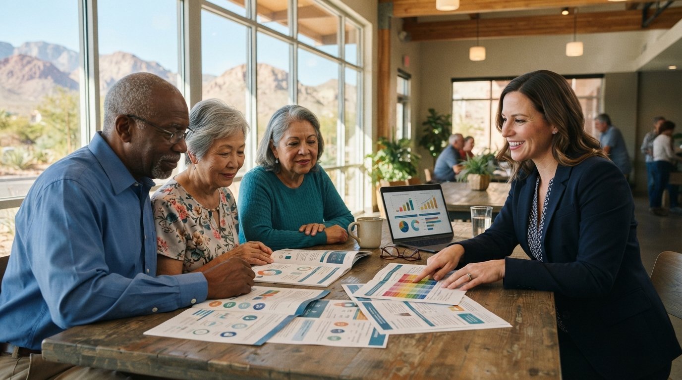 Three seniors review Medicare plan documents and brochures with an insurance advisor at a table in a sunlit community center
