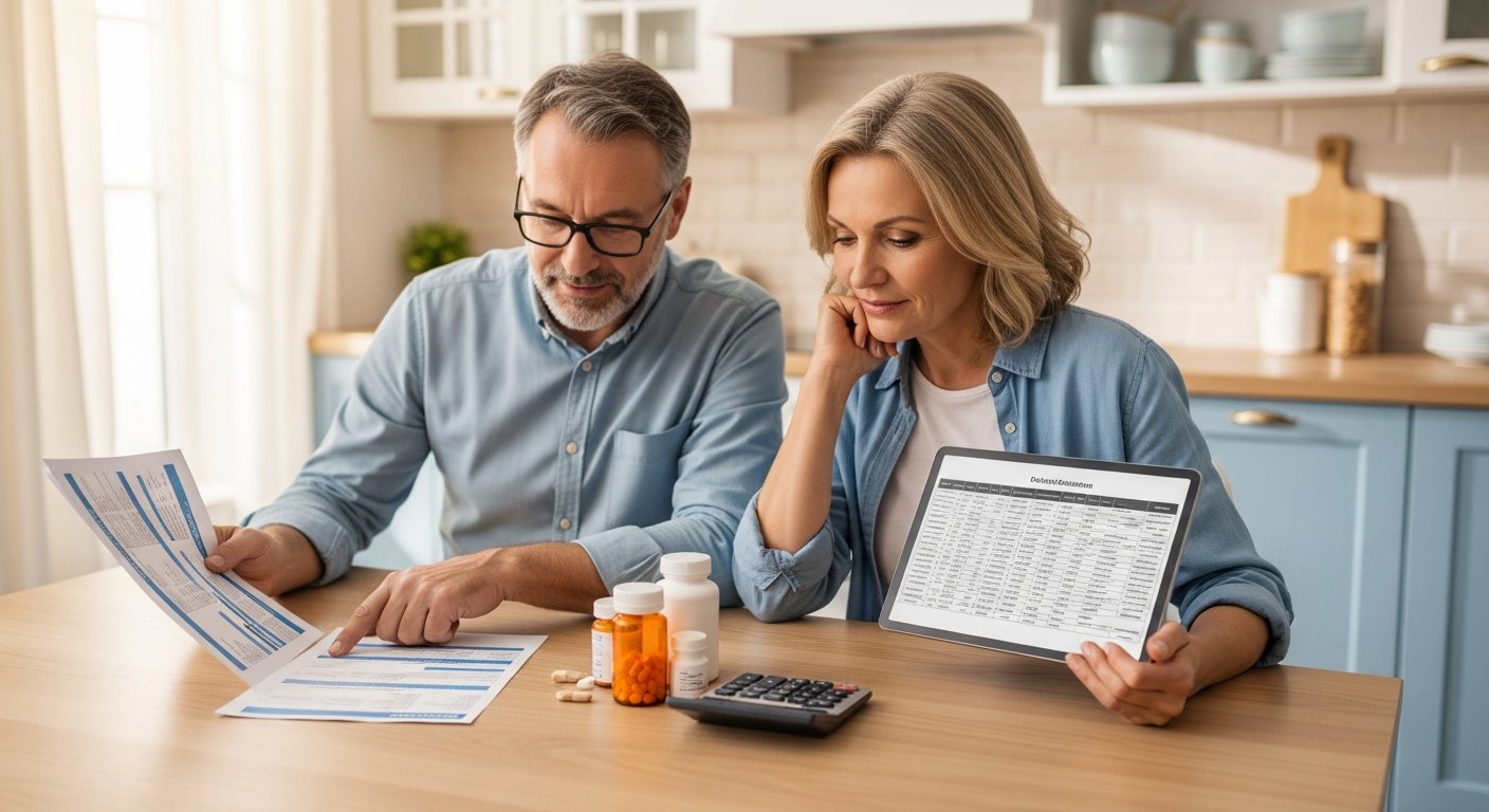 Middle-aged couple at a kitchen table reviewing a printed Medicare plan comparison document and a tablet showing a drug…