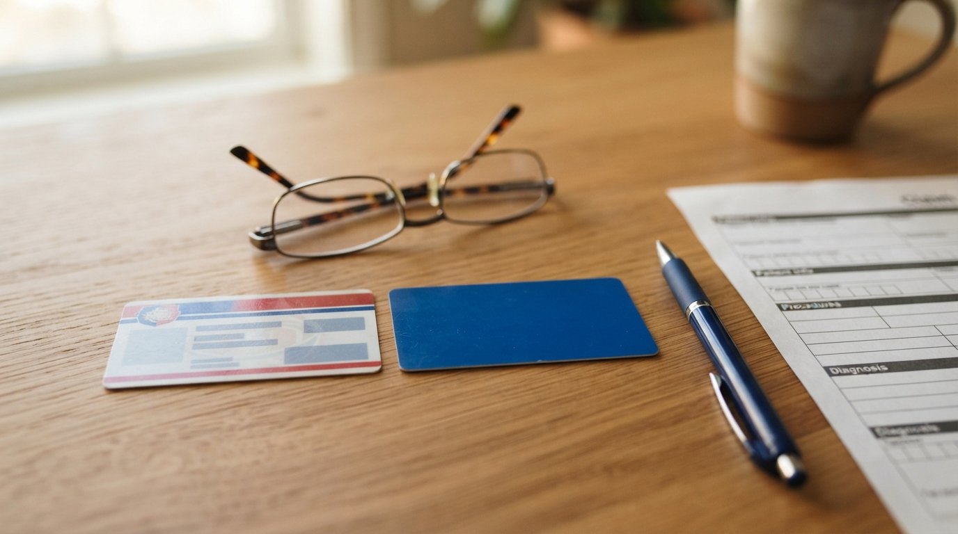 Two health insurance cards on a wooden desk beside reading glasses, a pen, and a paper claim form in soft window light