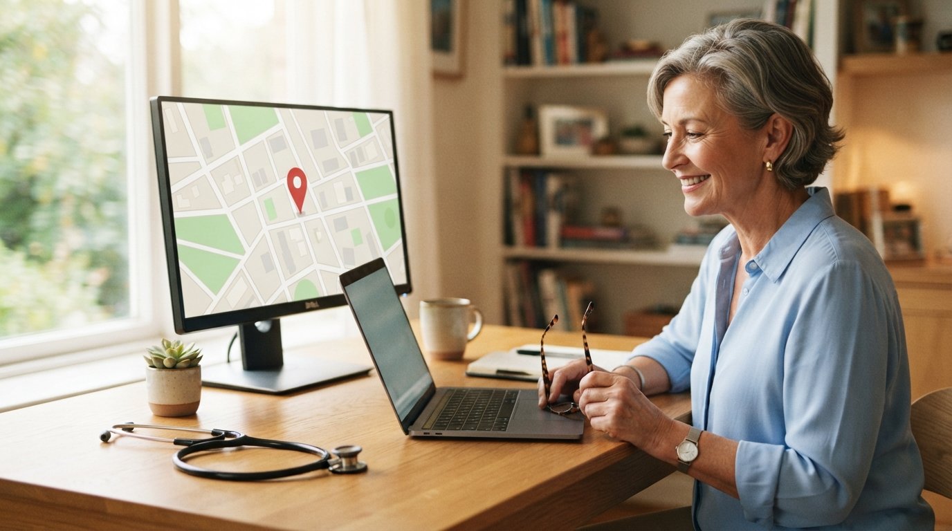 Smiling woman in her 60s at a bright home office desk uses a laptop, with a monitor showing a map and red location pin, and…