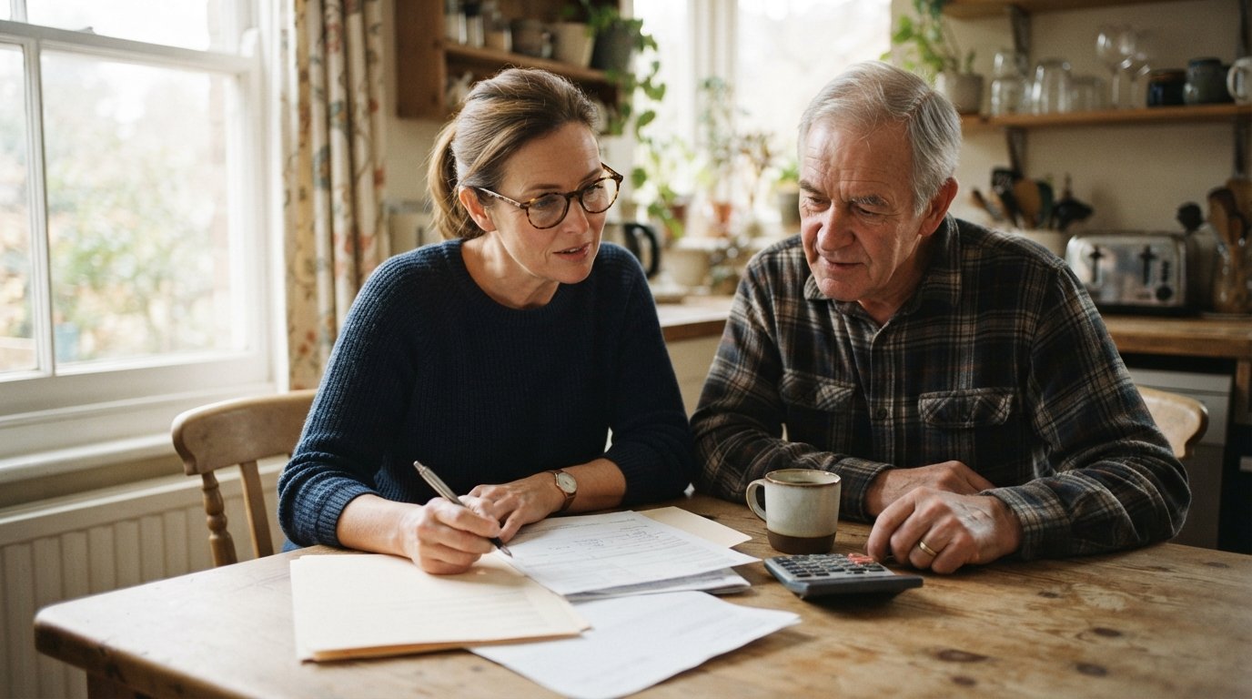 Middle-aged woman with reading glasses and older man reviewing paperwork with pen and folder at a sunlit kitchen table,…