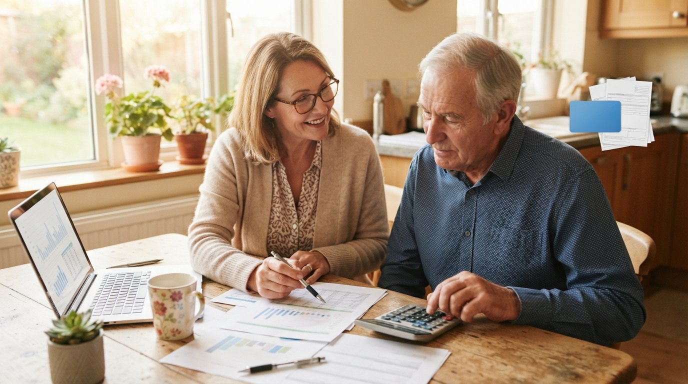 Middle-aged woman and elderly man reviewing financial papers and a calculator at a sunlit kitchen table with a laptop and…