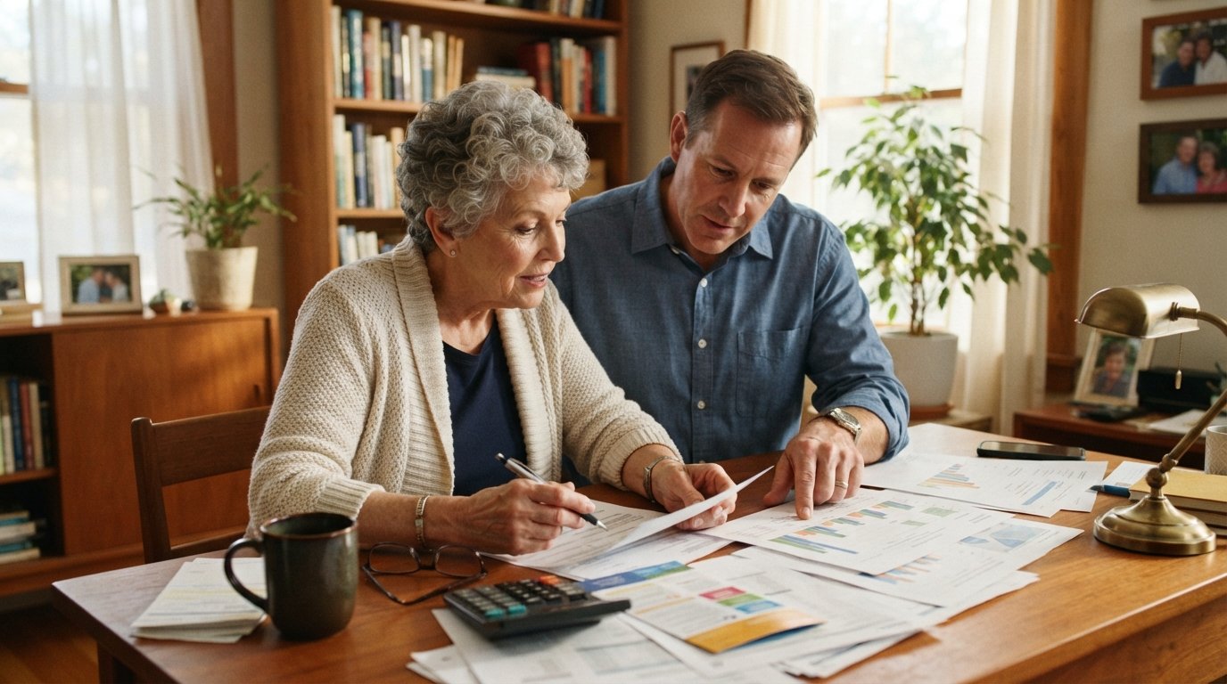 Senior woman in a cream cardigan reviews Medicare paperwork at a desk as a caregiver in a blue shirt points to a chart…