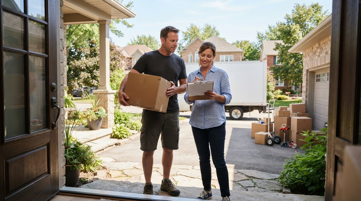 Couple in moving clothes at their new home's doorway; man holds a box while woman reviews paperwork, with a moving truck…