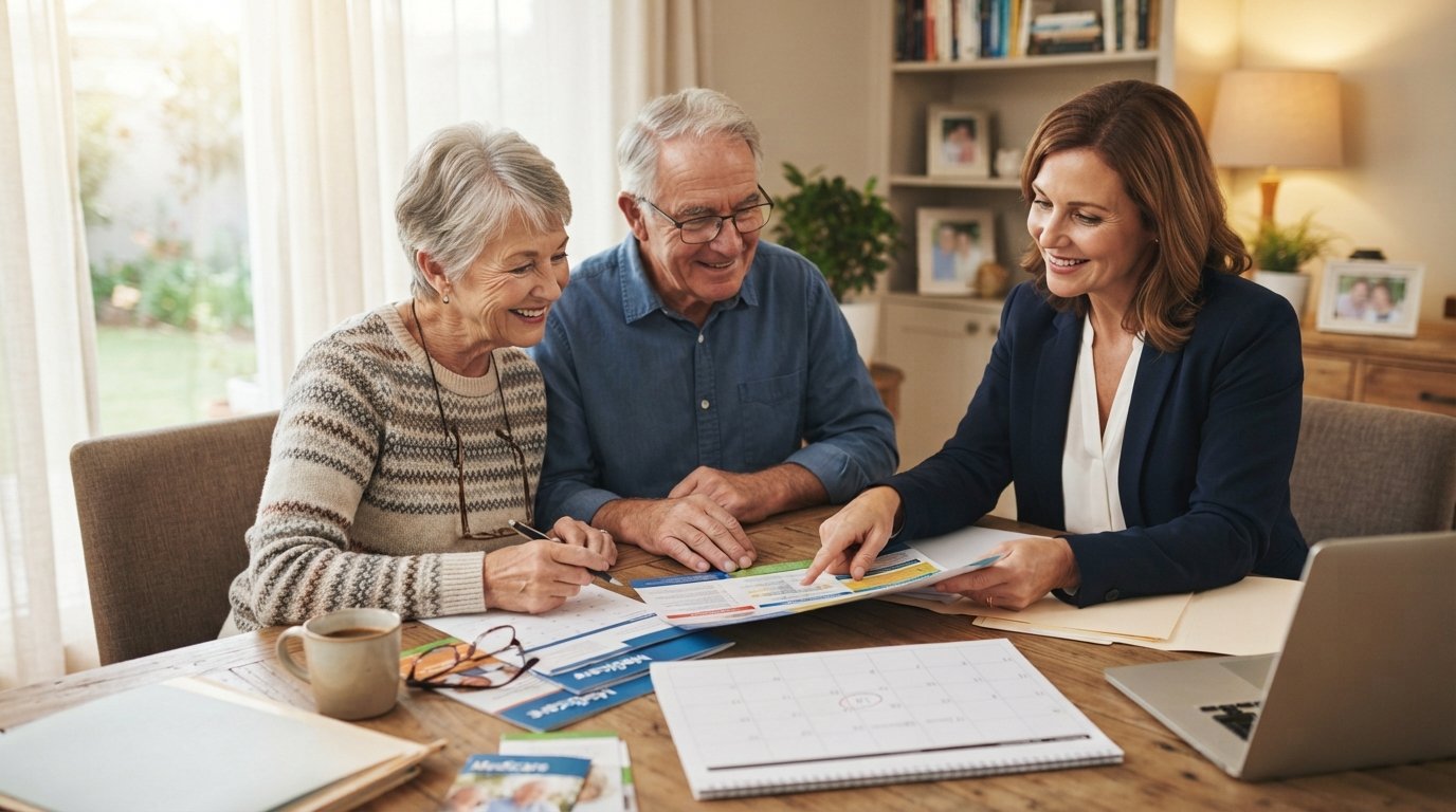 Senior couple at a desk with an insurance agent, reviewing Medicare brochures, a laptop, and a calendar with a marked date