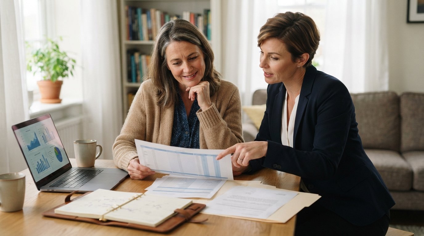 Woman in a beige cardigan reviews Medicare paperwork with a licensed insurance agent at a sunlit kitchen table